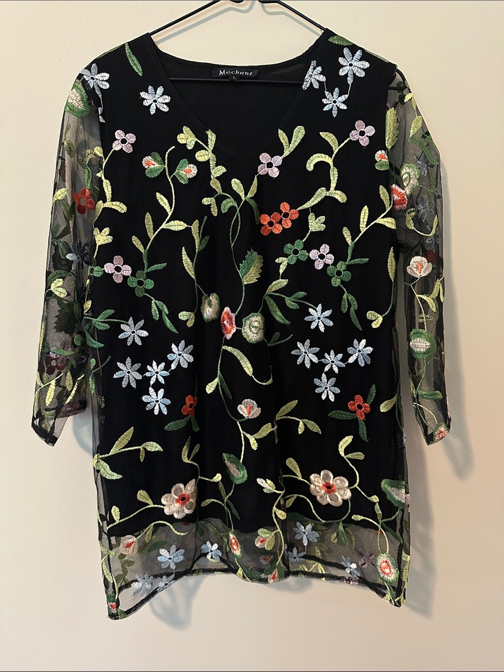 Mechant Black Sheer Tunic with Multicolor Floral Embroidery